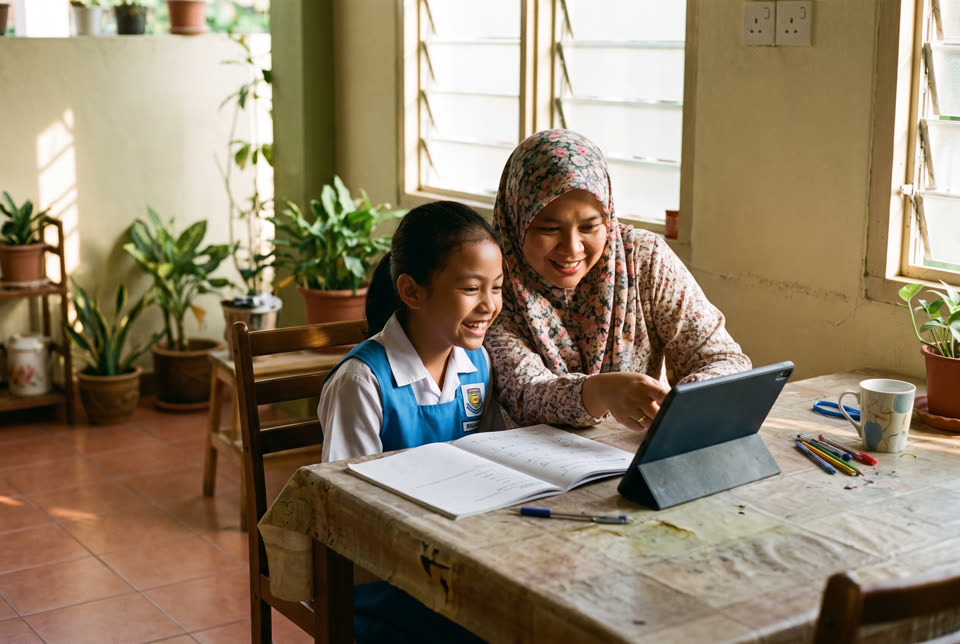 Seorang murid perempuan belajar di meja dapur dengan tablet, ibunya di sisi.