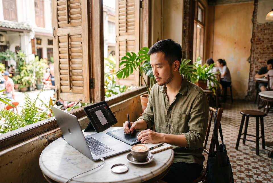 Seorang pereka bebas bekerja di kafe George Town dengan komputer riba dan tablet lukisan.