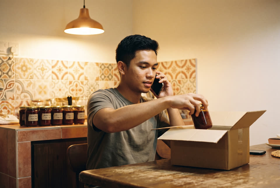 Seorang lelaki muda membungkus balang sambal di dapur kecil, telefon di tangan.